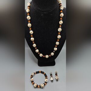 Glass Beaded Set (Necklace, Bracelet, Earrings) Flower Transfer